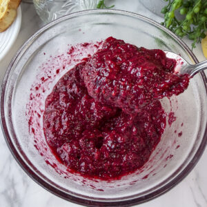 haskap strawberry chia seed jam in bowl and on spoon