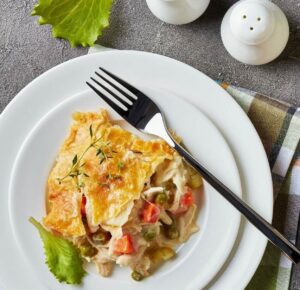 piece of chicken pot pie on plate