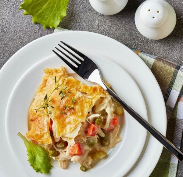 piece of chicken pot pie on plate