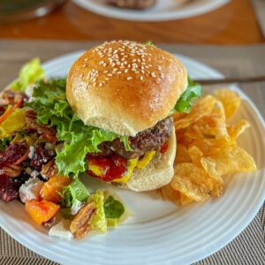 homemade burger plated
