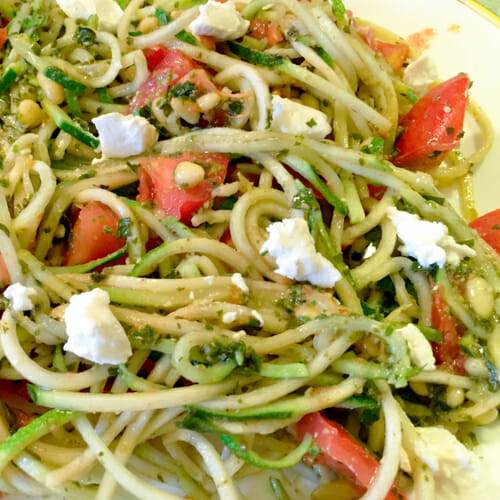 pesto pasta with zucchini and goat cheese