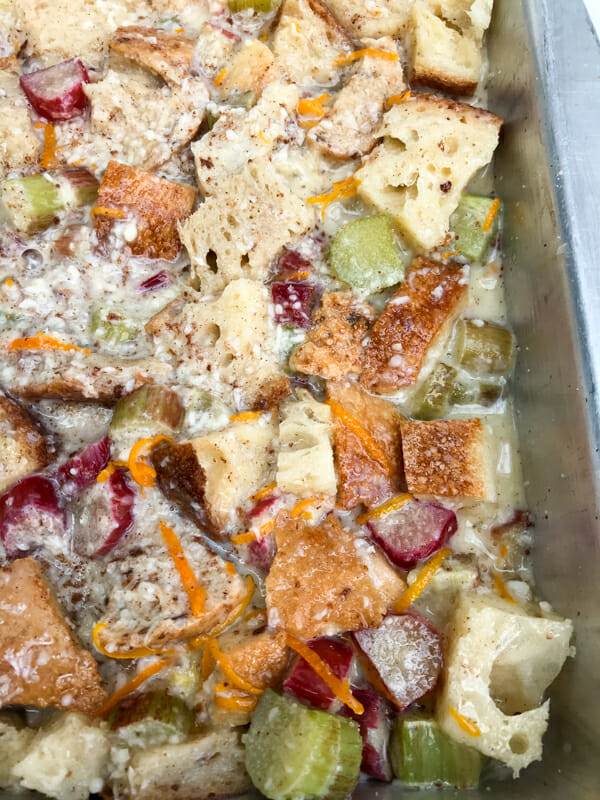 raw pieces of rhubarb and bread