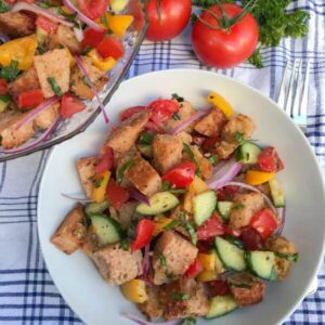 panzanella colorful bread salad in bowl
