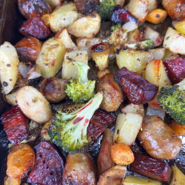 sausage apple sheet pan with broccoli and parsnips