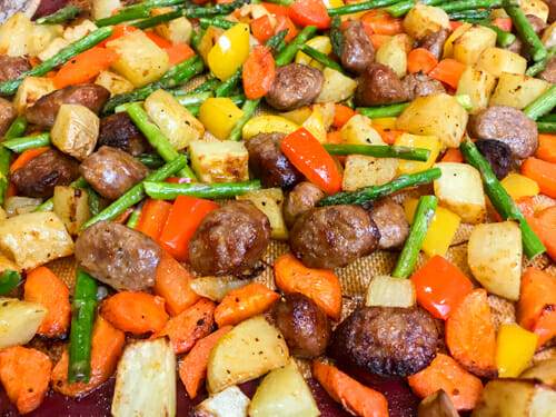 sausage sheet pan dinner with aspargus