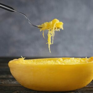 spaghetti squash shell and fork with strands