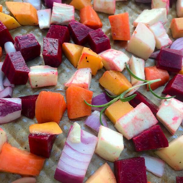 raw roasted root veggies on tray
