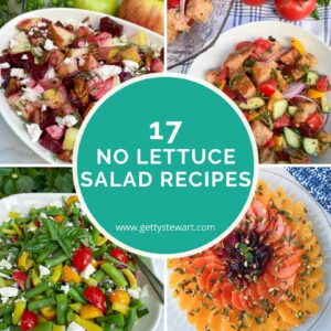 grid of four salads with title in circle