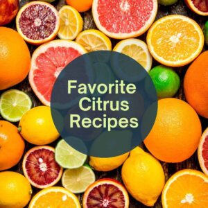 variety of different citrus fruits whole and cut in background with text on top