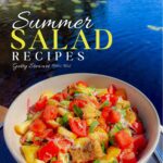 cover of summer salad recipe book with title and bowl of panzanella on dock overlooking water