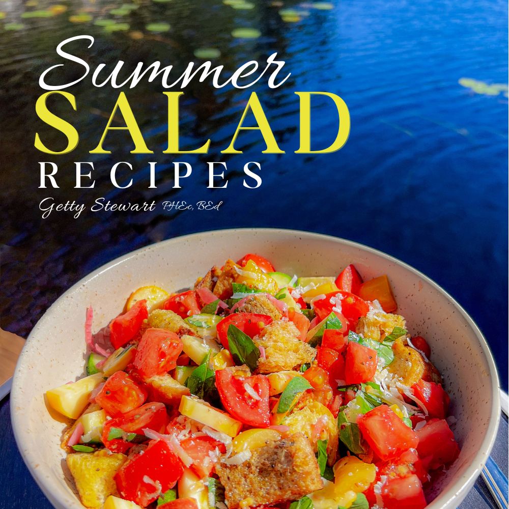 cover of summer salad recipe book with title and bowl of panzanella on dock overlooking water