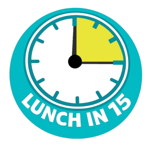 15 minutes highlighted on teal and white clock face logo for lunch in 15